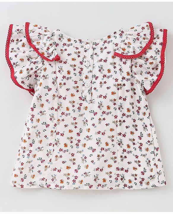 Babyhug Rayon Woven Flutter Sleeves Tunic Top Floral Print with Lace & Frill Detail - Off White