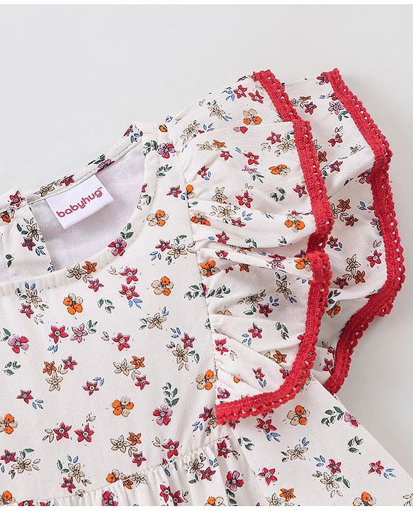 Babyhug Rayon Woven Flutter Sleeves Tunic Top Floral Print with Lace & Frill Detail - Off White