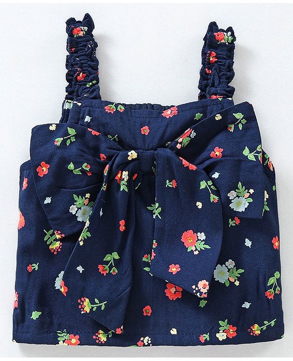 Babyhug Woven Rayon Sleeveless Crop Top With Bow Detailing Floral Print- NavyBlue