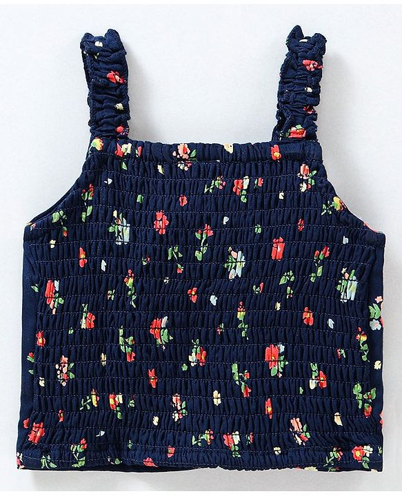 Babyhug Woven Rayon Sleeveless Crop Top With Bow Detailing Floral Print- NavyBlue