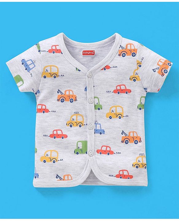 Babyhug 100% Cotton Vests Striped & Cars Print Pack of 3 - Red Grey & White