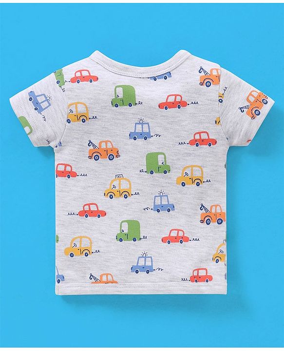 Babyhug 100% Cotton Vests Striped & Cars Print Pack of 3 - Red Grey & White