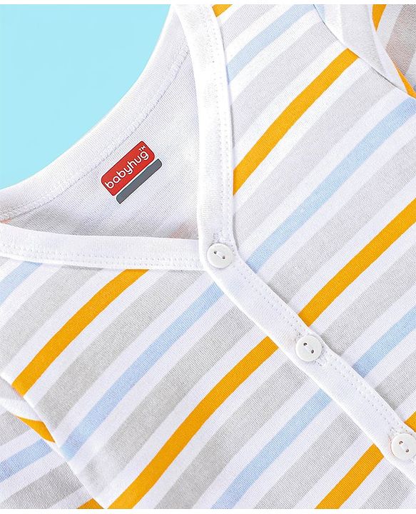 Babyhug 100% Cotton Full Sleeves Vest Stripes & Tennis Ball Print Pack Of 3- Blue & Yellow