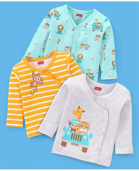 Babyhug 100% Cotton Full Sleeves Vests Striped & Lion Print Pack of 3 - Yellow Grey & Green