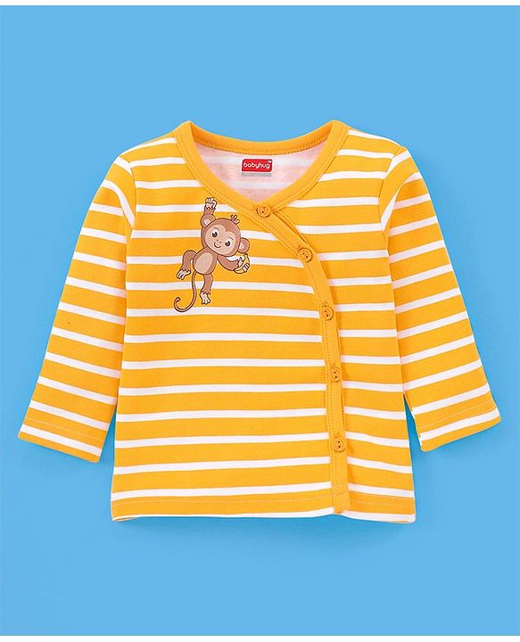 Babyhug 100% Cotton Full Sleeves Vests Striped & Lion Print Pack of 3 - Yellow Grey & Green