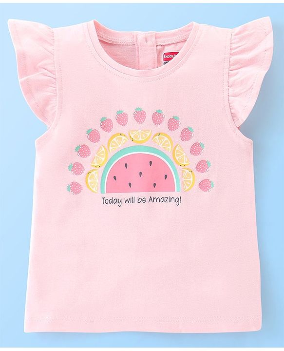 Babyhug 100% Cotton Half Sleeves Tee With Fruit Graphics & Frill Detailing- Peach