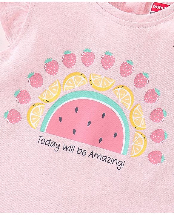 Babyhug 100% Cotton Half Sleeves Tee With Fruit Graphics & Frill Detailing- Peach