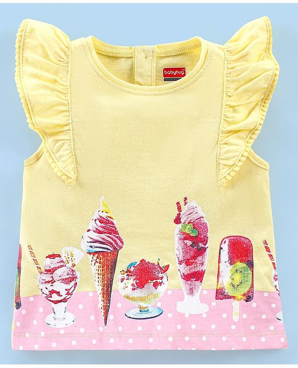 Babyhug 100% Cotton Knit Frill Sleeves Top with Ice Cream Graphics Print - Yellow