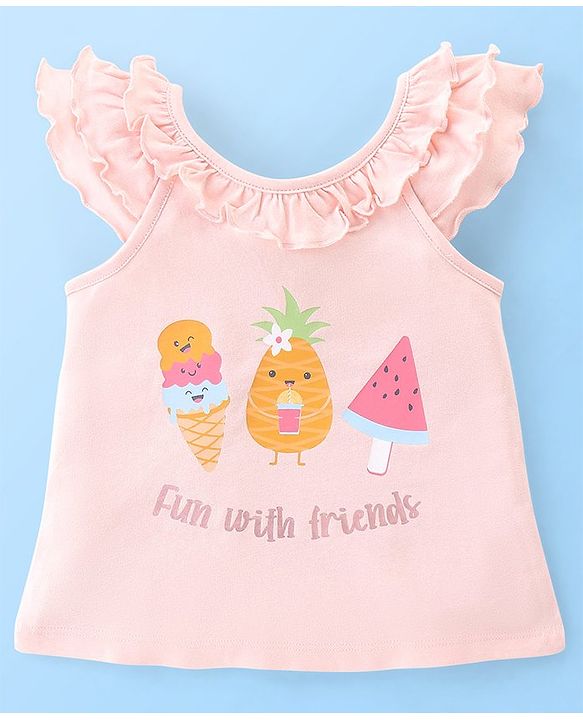 Babyhug Cotton Sleeveless Tee With HD Graphics & Frill Detailing- Pink