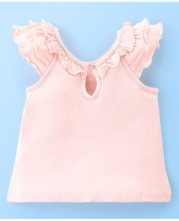 Babyhug Cotton Sleeveless Tee With HD Graphics & Frill Detailing- Pink