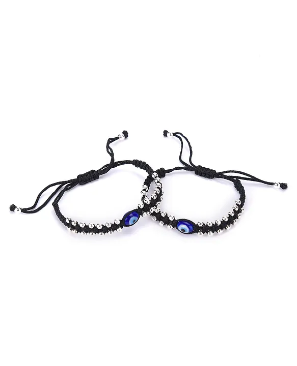 925 Sterling Silver Beads Evil Eye Black Thread Anklet- Dark Blue