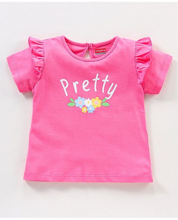 Babyhug 100% Cotton Knit Half Sleeves Graphics & Frill Detailing Tee - Pink