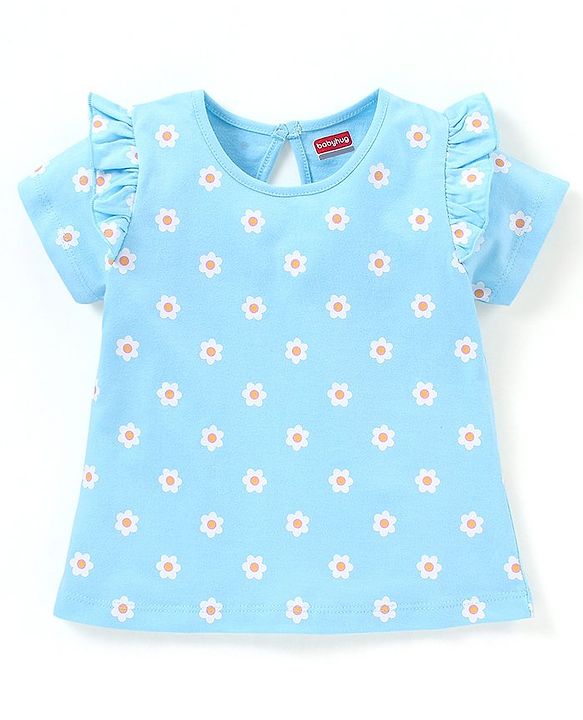 Babyhug 100% Cotton Half Sleeves Tee With Frill Detailing Floral Print- Blue