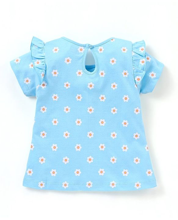 Babyhug 100% Cotton Half Sleeves Tee With Frill Detailing Floral Print- Blue