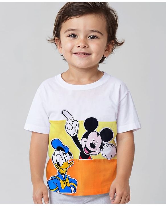 Babyhug Cotton Half Sleeves T-Shirt & Shorts With Mickey Mouse & Donald Duck Print - White