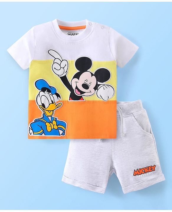 Babyhug Cotton Half Sleeves T-Shirt & Shorts With Mickey Mouse & Donald Duck Print - White