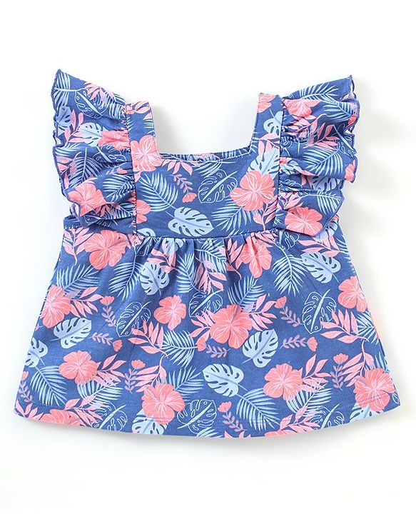 Babyhug Cotton Knit Frill Sleeves Top Floral Print- Navy