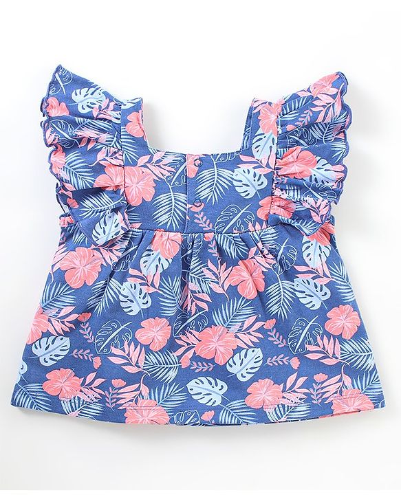 Babyhug Cotton Knit Frill Sleeves Top Floral Print- Navy