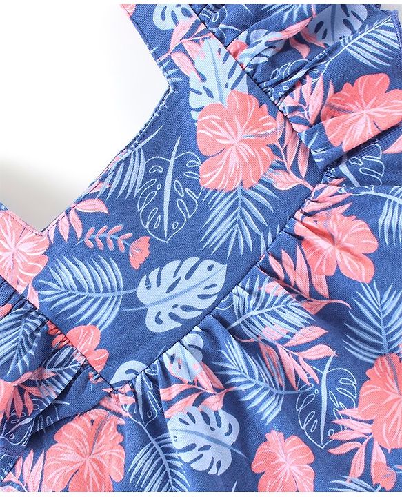Babyhug Cotton Knit Frill Sleeves Top Floral Print- Navy