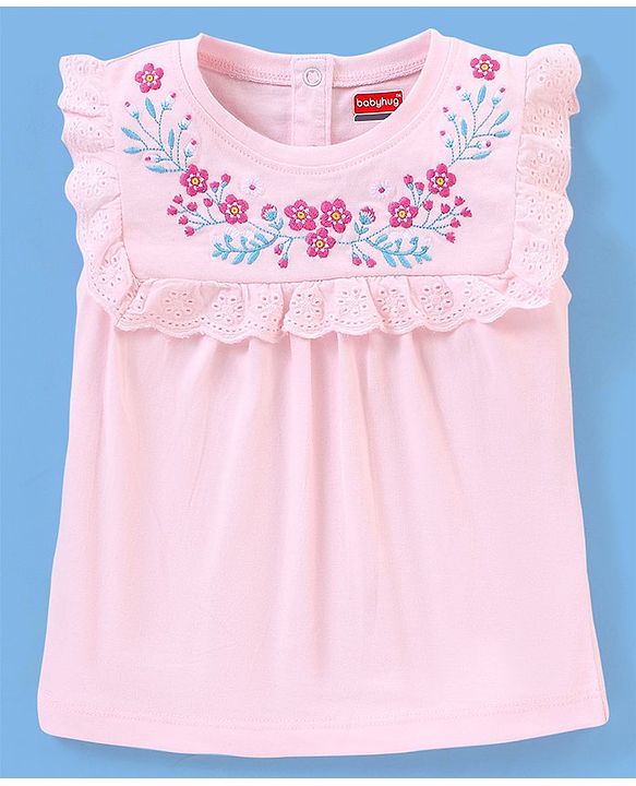 Babyhug 100% Cotton Knit Sleeveless Top with Frill Detailing & Floral Embroidery - Pink