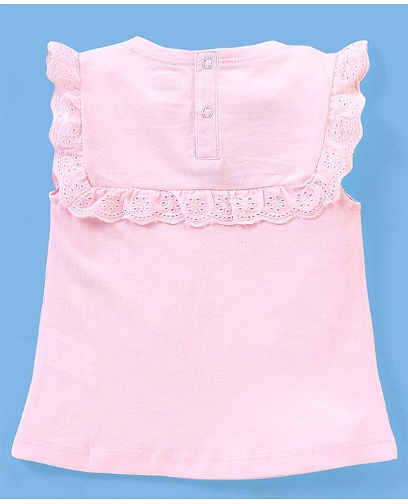 Babyhug 100% Cotton Knit Sleeveless Top with Frill Detailing & Floral Embroidery - Pink