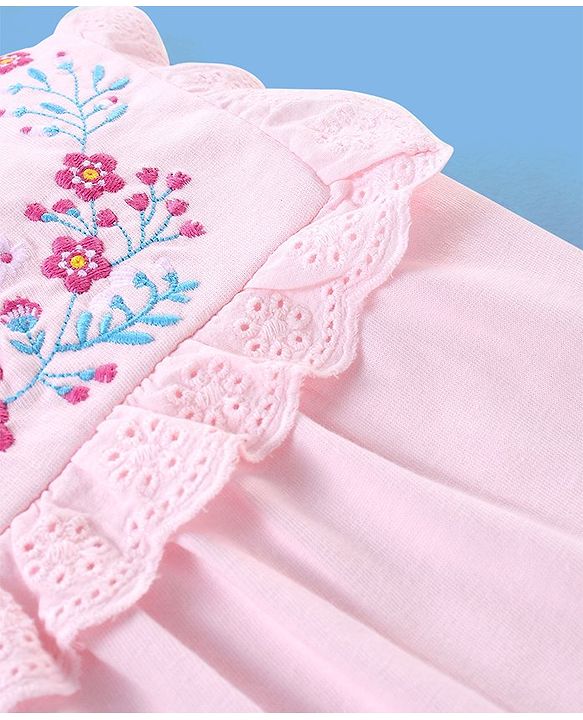 Babyhug 100% Cotton Knit Sleeveless Top with Frill Detailing & Floral Embroidery - Pink