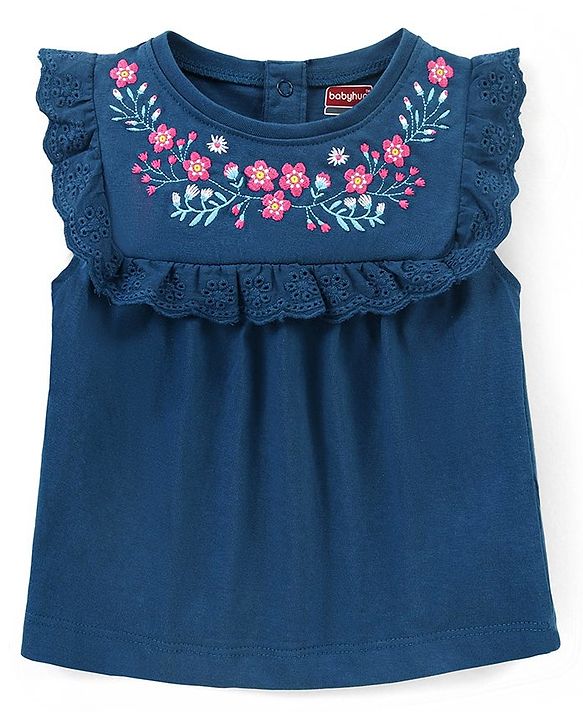 Babyhug Cotton Knit Sleeveless Top with Frill Detailing & Floral Embroidery - Navy