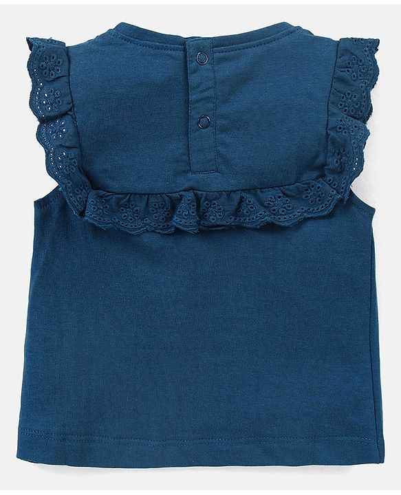Babyhug Cotton Knit Sleeveless Top with Frill Detailing & Floral Embroidery - Navy