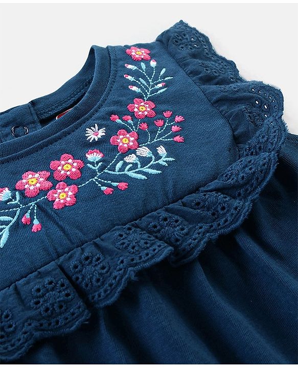 Babyhug Cotton Knit Sleeveless Top with Frill Detailing & Floral Embroidery - Navy