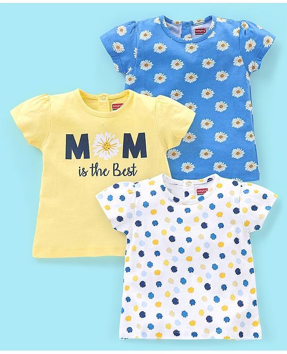 Babyhug 100% Cotton Knit Cap Sleeves T-Shirts Floral & Polka Dots Print Pack of 3 - White Blue & Yellow