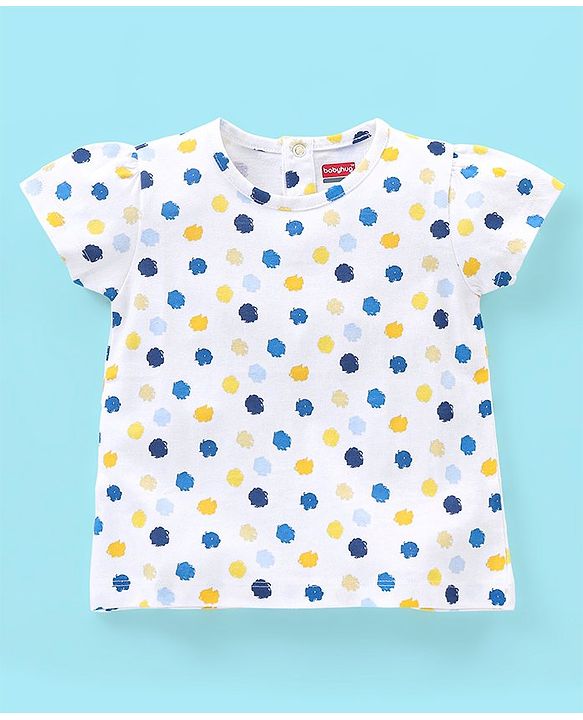 Babyhug 100% Cotton Knit Cap Sleeves T-Shirts Floral & Polka Dots Print Pack of 3 - White Blue & Yellow