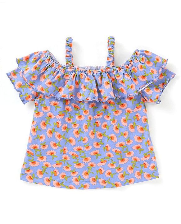 Babyhug 100% Cotton Knit Half Sleeves Top with Frill Detailing Floral Print - Blue