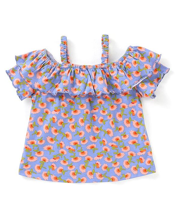 Babyhug 100% Cotton Knit Half Sleeves Top with Frill Detailing Floral Print - Blue