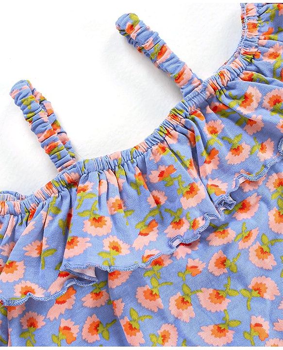 Babyhug 100% Cotton Knit Half Sleeves Top with Frill Detailing Floral Print - Blue