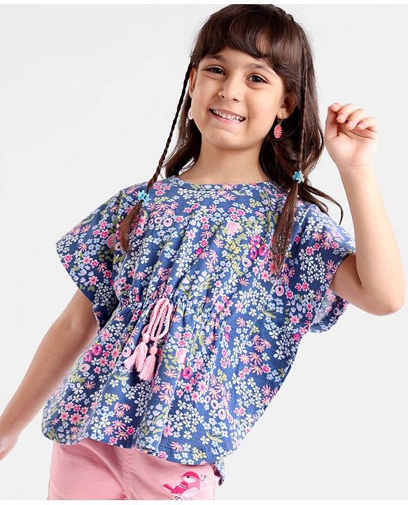 Babyhug 100% Cotton Knit Half Sleeves Kaftan Style Floral Printed Top with Tassel Detailing - Blue