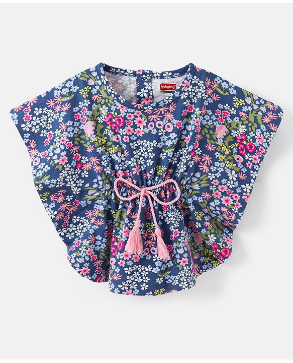 Babyhug 100% Cotton Knit Half Sleeves Kaftan Style Floral Printed Top with Tassel Detailing - Blue
