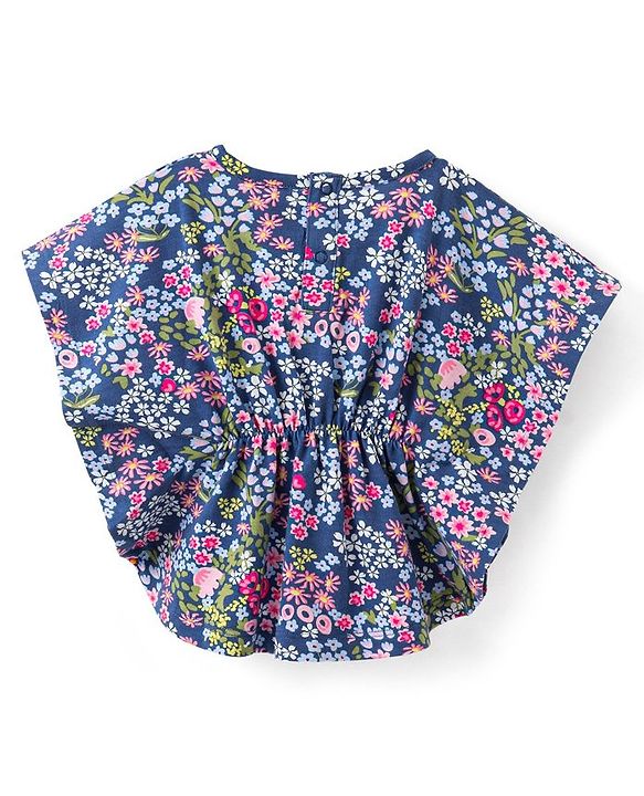 Babyhug 100% Cotton Knit Half Sleeves Kaftan Style Floral Printed Top with Tassel Detailing - Blue