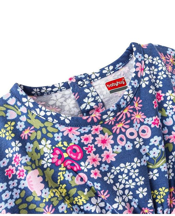Babyhug 100% Cotton Knit Half Sleeves Kaftan Style Floral Printed Top with Tassel Detailing - Blue