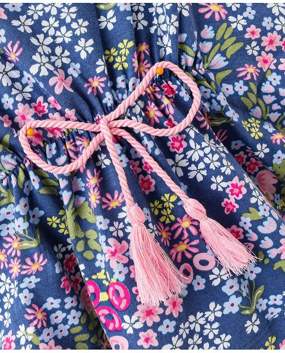 Babyhug 100% Cotton Knit Half Sleeves Kaftan Style Floral Printed Top with Tassel Detailing - Blue