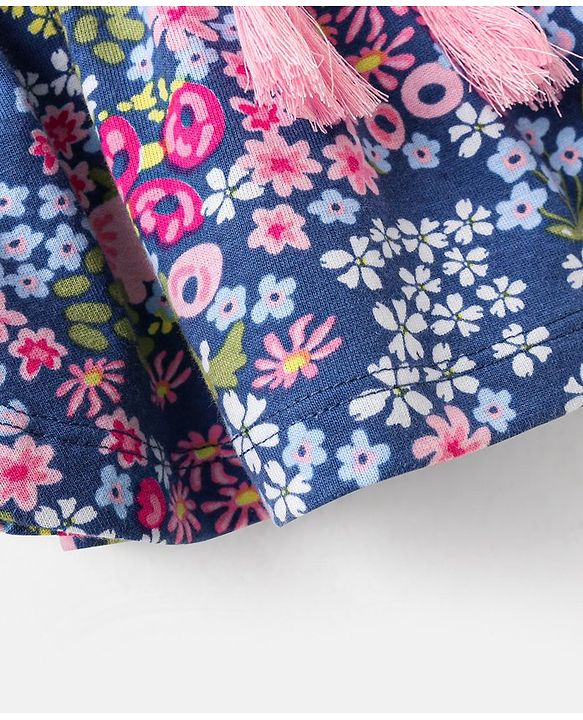 Babyhug 100% Cotton Knit Half Sleeves Kaftan Style Floral Printed Top with Tassel Detailing - Blue