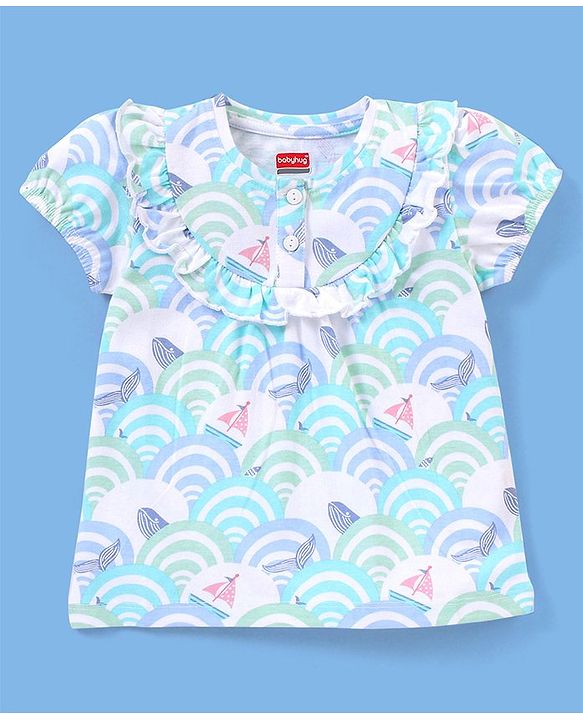 Babyhug 100% Cotton Knit Puffed Sleeves Tee With Frill Detailing Sea Waves Print- White
