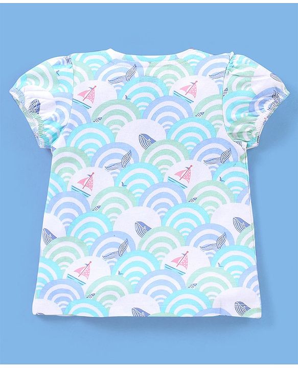 Babyhug 100% Cotton Knit Puffed Sleeves Tee With Frill Detailing Sea Waves Print- White