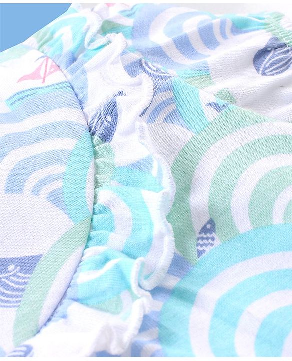 Babyhug 100% Cotton Knit Puffed Sleeves Tee With Frill Detailing Sea Waves Print- White