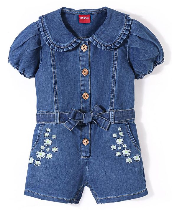 Babyhug Cotton Woven Half Sleeves Washed Denim Jumpsuit Floral Embroidery - Blue