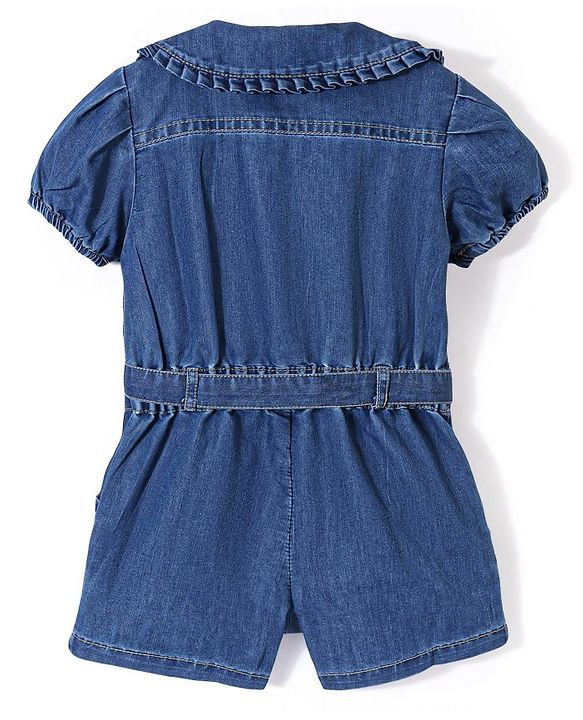 Babyhug Cotton Woven Half Sleeves Washed Denim Jumpsuit Floral Embroidery - Blue