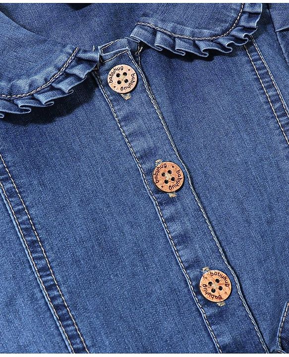 Babyhug Cotton Woven Half Sleeves Washed Denim Jumpsuit Floral Embroidery - Blue