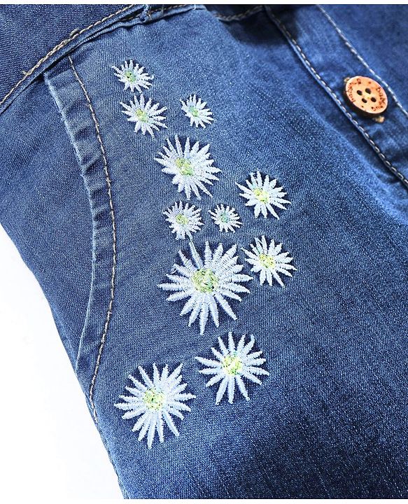 Babyhug Cotton Woven Half Sleeves Washed Denim Jumpsuit Floral Embroidery - Blue