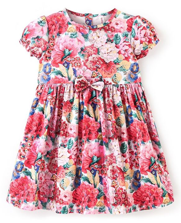 Babyhug Cotton Woven Half Sleeves Frock Floral Print - Pink