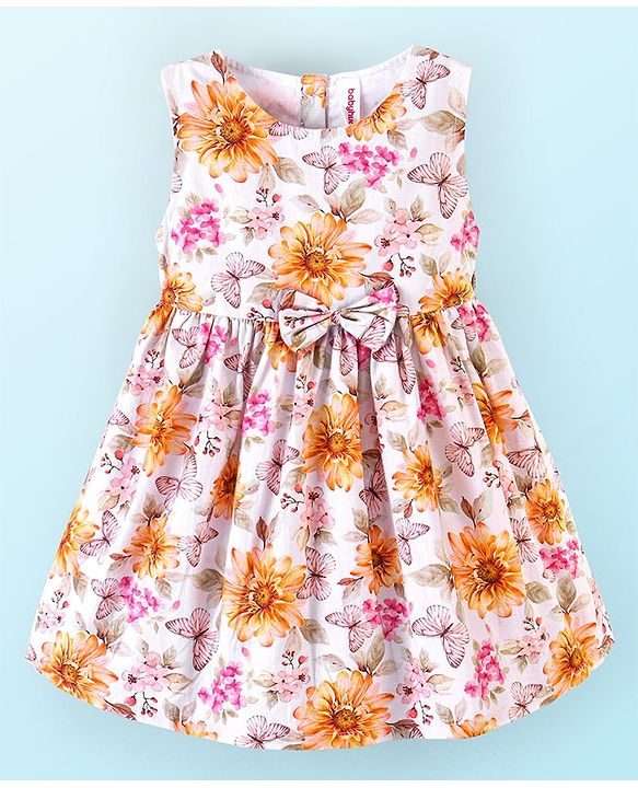 Babyhug 100% Cotton Woven Sleeveless Floral Print Fit & Flare Frock with Bow Applique - White