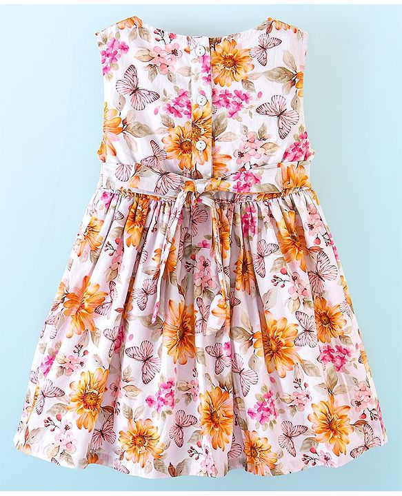 Babyhug 100% Cotton Woven Sleeveless Floral Print Fit & Flare Frock with Bow Applique - White